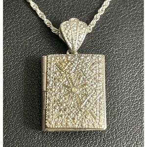 Vintage Book Locket Necklace 19" Pendant Dimensional Etched Silver Tone Jewelry